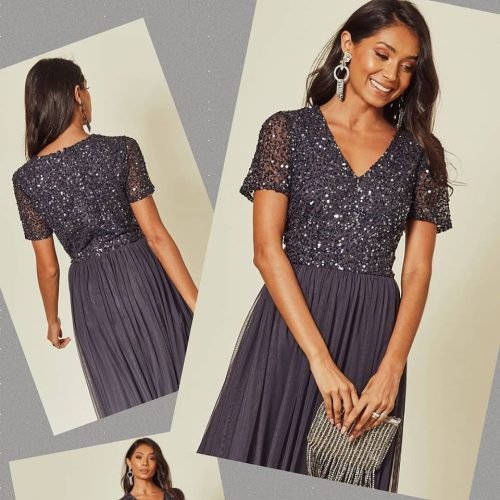 Bridesmaid Maxi dress Gun Metal Grey charcoal embellished maxi