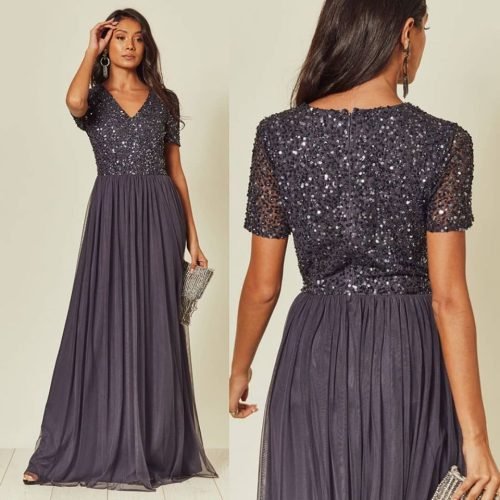 www.presleyblue.ie Bridesmaid Maxi dress Gun Metal Grey charcoal embellished maxi