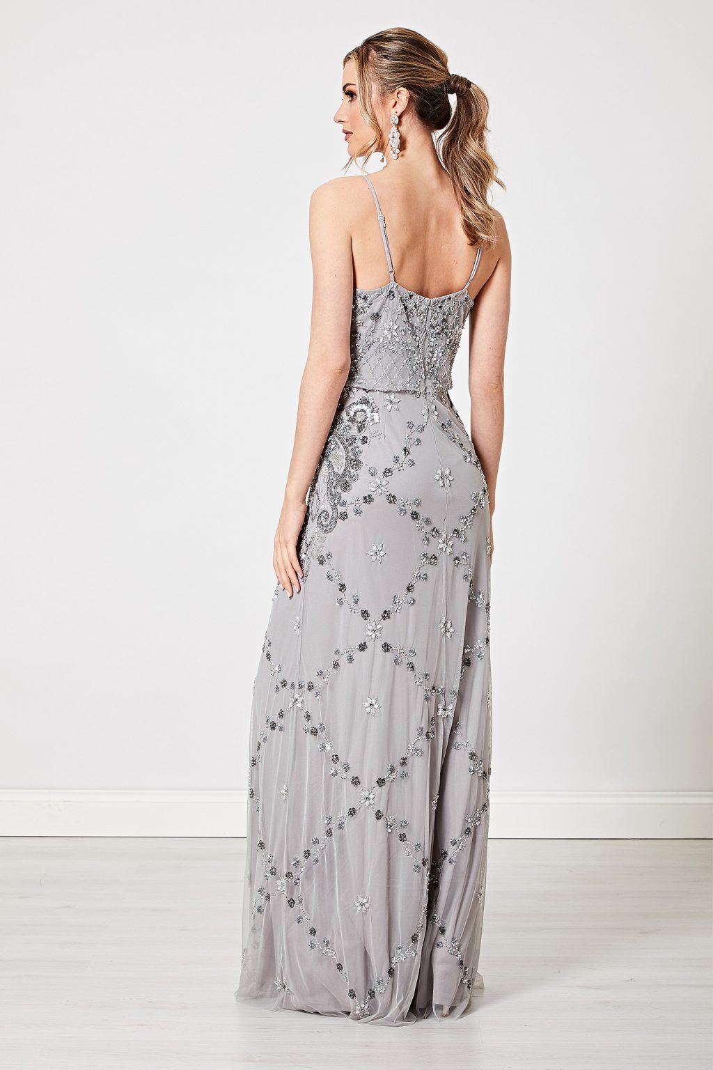 Light silver Grey Embellished Sequin Maxi Dress fitted at the waist