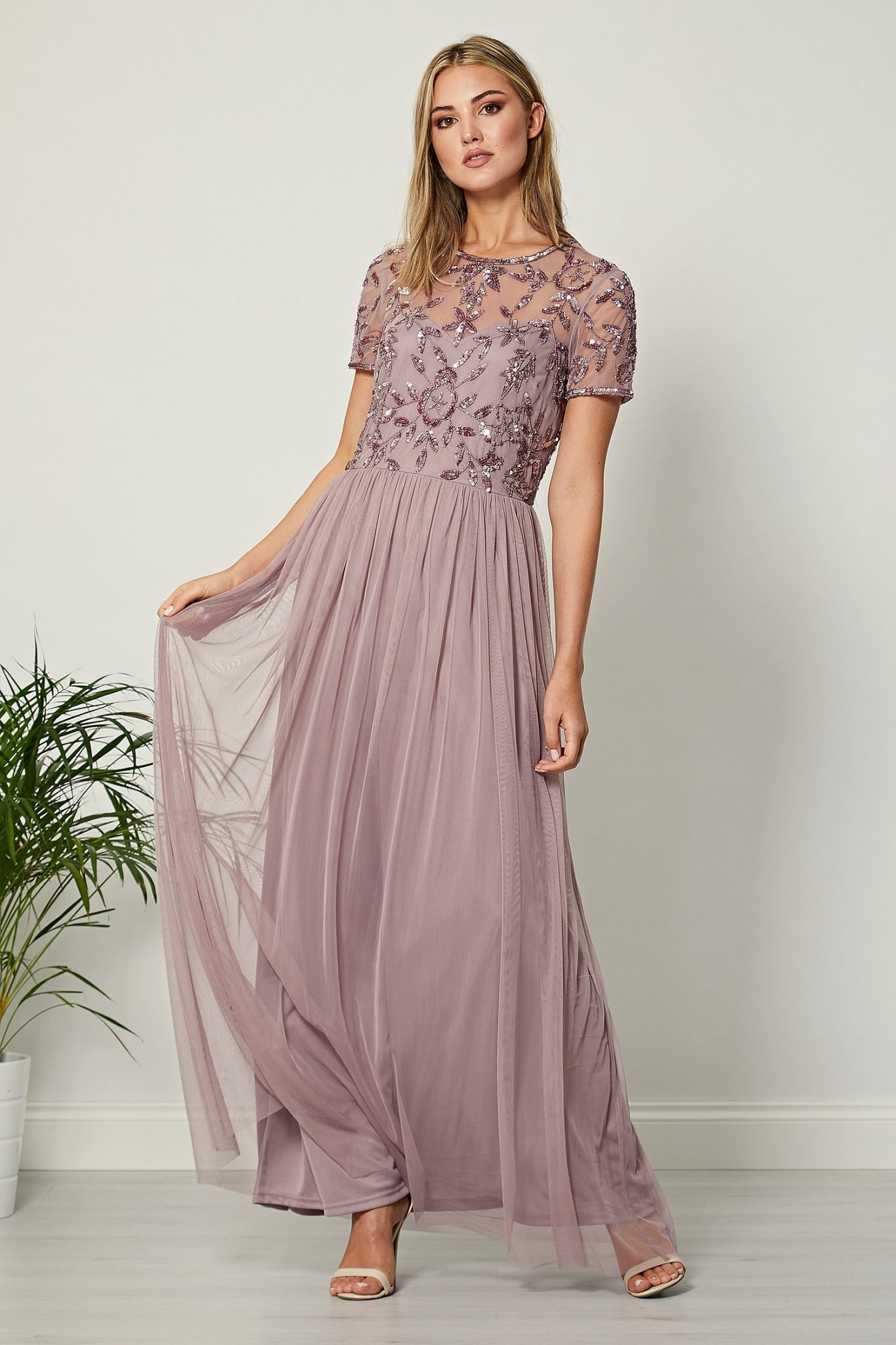 mauve embellished bodice maxi dress