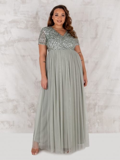 Maya Deluxe Sage Green V Neckline Embellished Maxi Dress