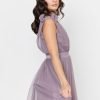 Moody Mauve Bridesmaid Dress with ruffle detail on shoulders and satin band