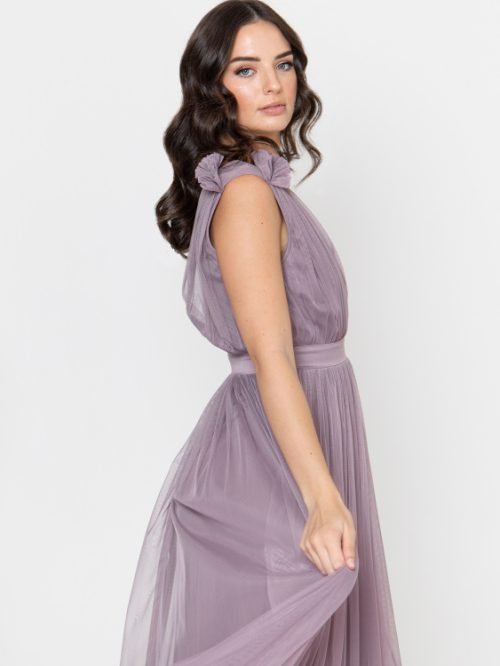 Moody Mauve Bridesmaid Dress with ruffle detail on shoulders and satin band