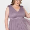 Moody Mauve Bridesmaid Dress with ruffle detail on shoulders and satin band