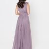 Moody Mauve Bridesmaid Dress with ruffle detail on shoulders and satin band