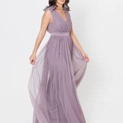 Moody Mauve Bridesmaid Dress with ruffle detail on shoulders and satin band