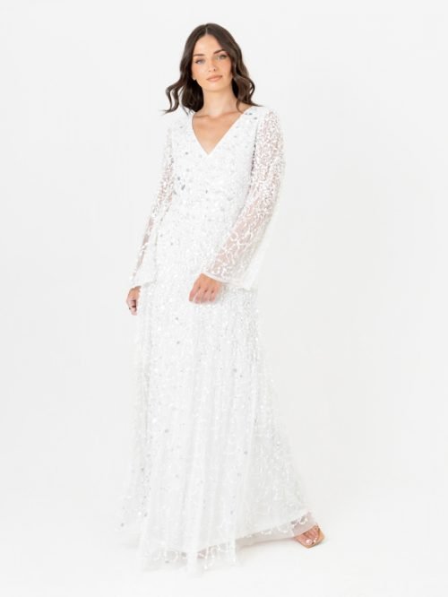 Maya White Embellished Long Bell Sleeve Maxi Dress