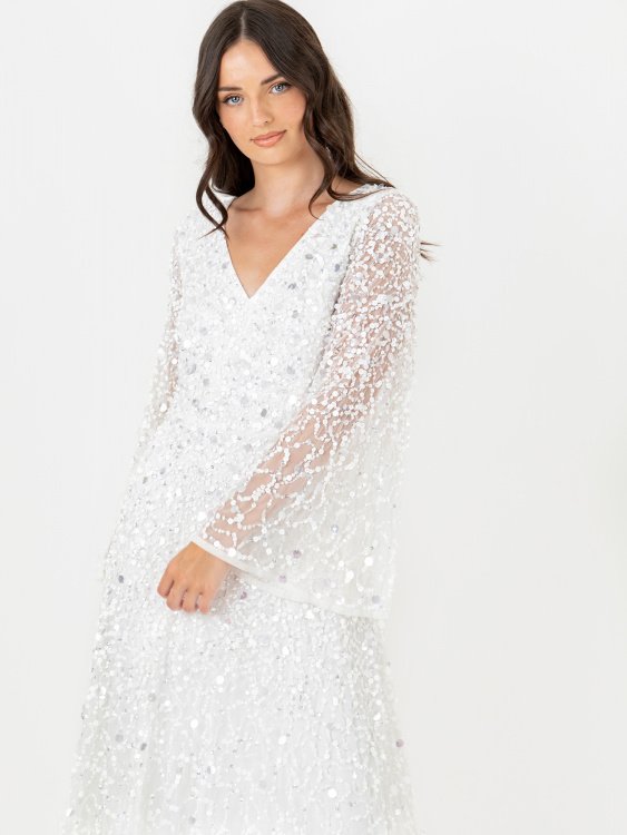 Maya White Embellished Long Bell Sleeve Maxi Dress