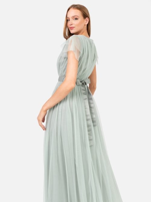 Sage Green V Neck Maxi Bridesmaid Dress with Sash Belt