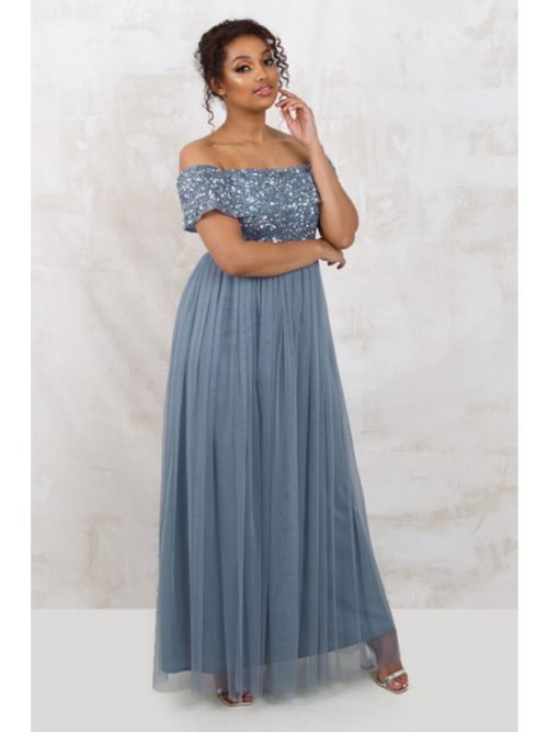 Maya Dusty Blue Bardot Embellished Maxi Dress