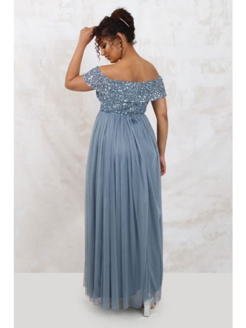 Maya Dusty Blue Bardot Embellished Maxi Dress