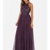 Maya Berry Embellished Halter Neck Maxi Dress