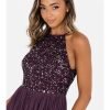 Maya Berry Embellished Halter Neck Maxi Dress