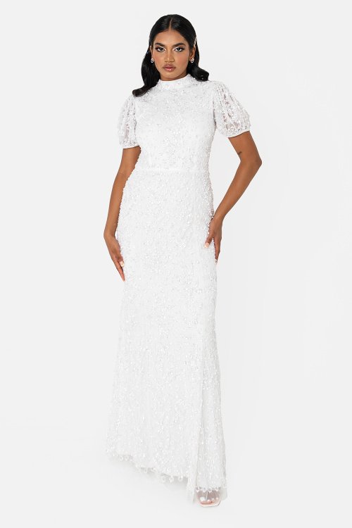 Bridal Embellished High Neck Maxi Dress with Keyhole Back