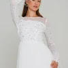 Eva White Embellished Maxi Dress with Feather Trim