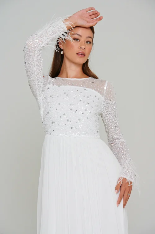 Eva White Embellished Maxi Dress with Feather Trim