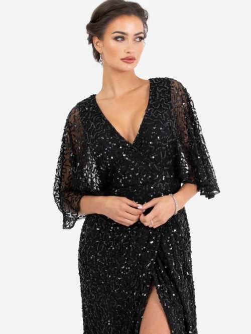 MAYA BLACK FULLY EMBELLISHED FAUX WRAP MAXI DRESS