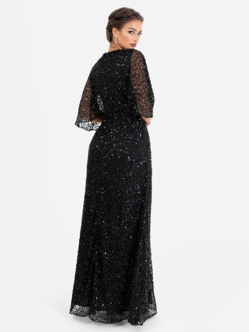 MAYA BLACK FULLY EMBELLISHED FAUX WRAP MAXI DRESS