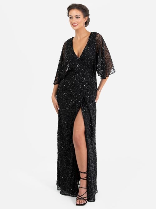 MAYA BLACK FULLY EMBELLISHED FAUX WRAP MAXI DRESS