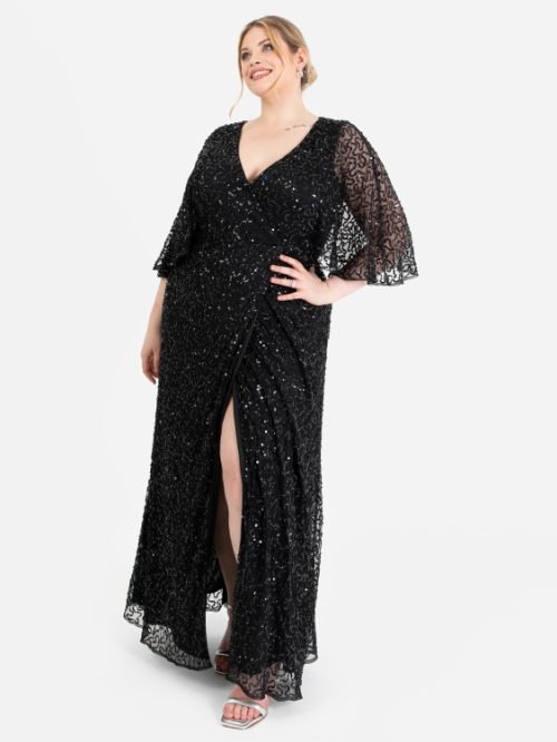 MAYA BLACK FULLY EMBELLISHED FAUX WRAP MAXI DRESS