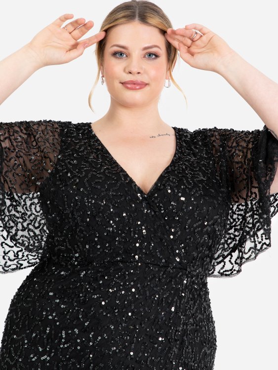 Maya Black Fully Embellished Faux Wrap Maxi Dress