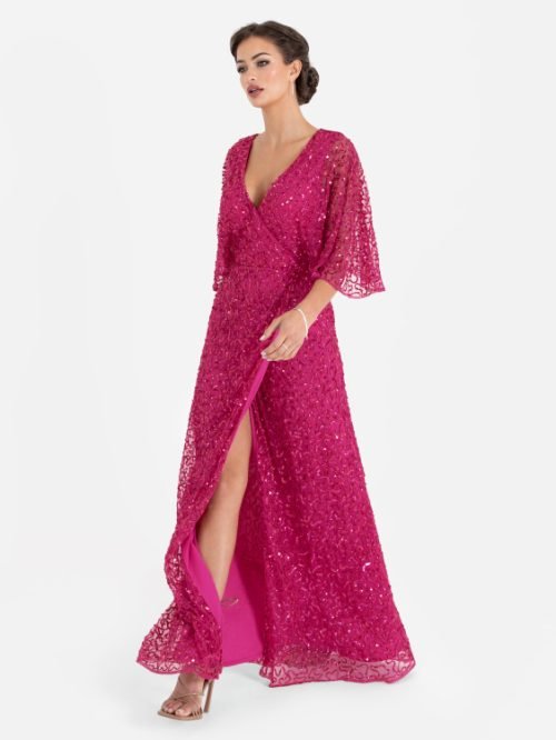 Maya Fuchsia Fully Embellished Faux Wrap Maxi Dress