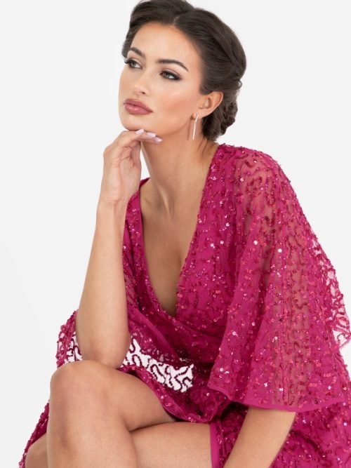 Maya Fuchsia Fully Embellished Faux Wrap Maxi Dress