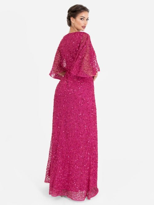 Maya Fuchsia Fully Embellished Faux Wrap Maxi Dress