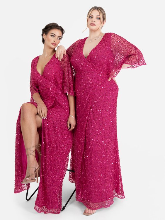 Maya Fuchsia Fully Embellished Faux Wrap Maxi Dress