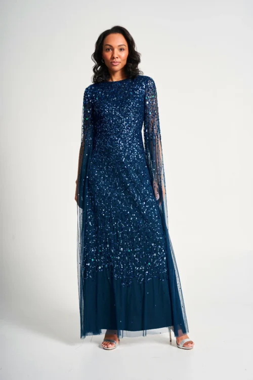 Paulina Deep Teal Sequin Cape Sleeve Maxi Dress