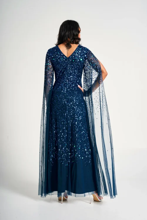 Paulina Deep Teal Sequin Cape Sleeve Maxi Dress