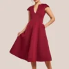 Goddiva Cap Sleeve Plunging V-Neckline A-line Midi Dress - Wine www.presleyblue.ie