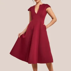 Goddiva Cap Sleeve Plunging V-Neckline A-line Midi Dress - Wine www.presleyblue.ie