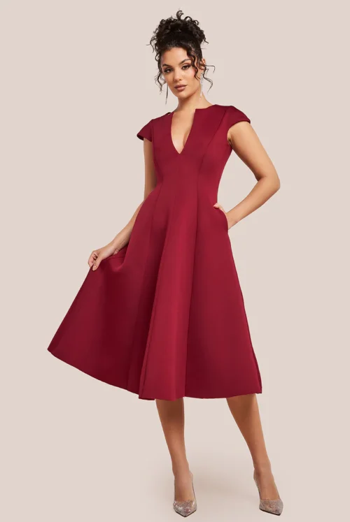 Goddiva Cap Sleeve Plunging V-Neckline A-line Midi Dress - Wine www.presleyblue.ie