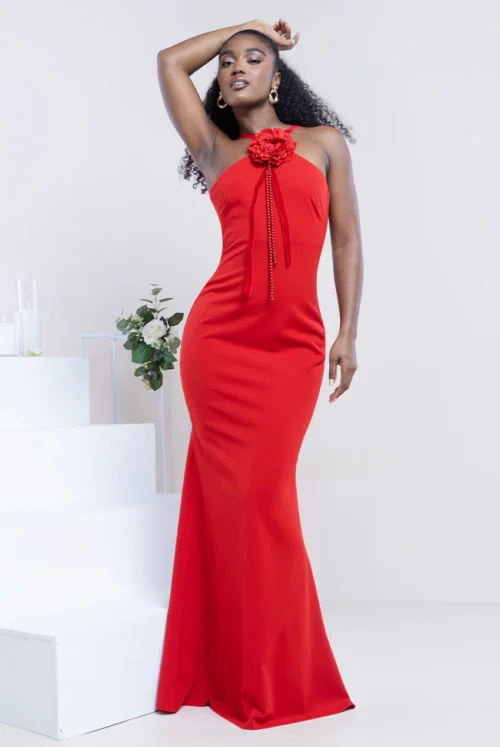 Racer Red Maxi Dress with neck corsage at www.presleyblue.ie