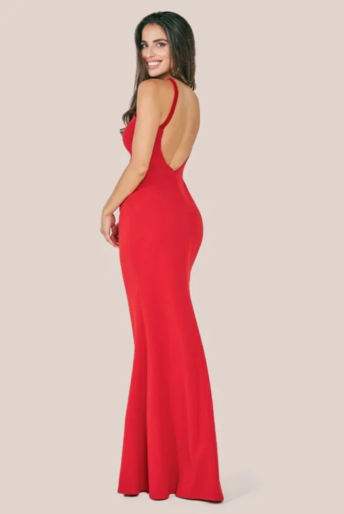 Racer Red Maxi Dress with neck corsage at www.presleyblue.ie