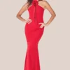 Racer Red Maxi Dress with neck corsage at www.presleyblue.ie