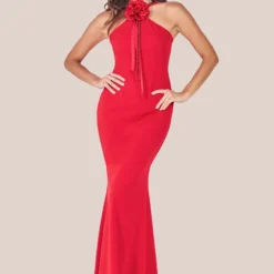 Racer Red Maxi Dress with neck corsage at www.presleyblue.ie