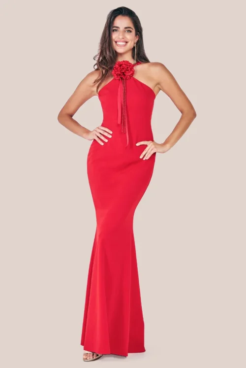 Racer Red Maxi Dress with neck corsage at www.presleyblue.ie