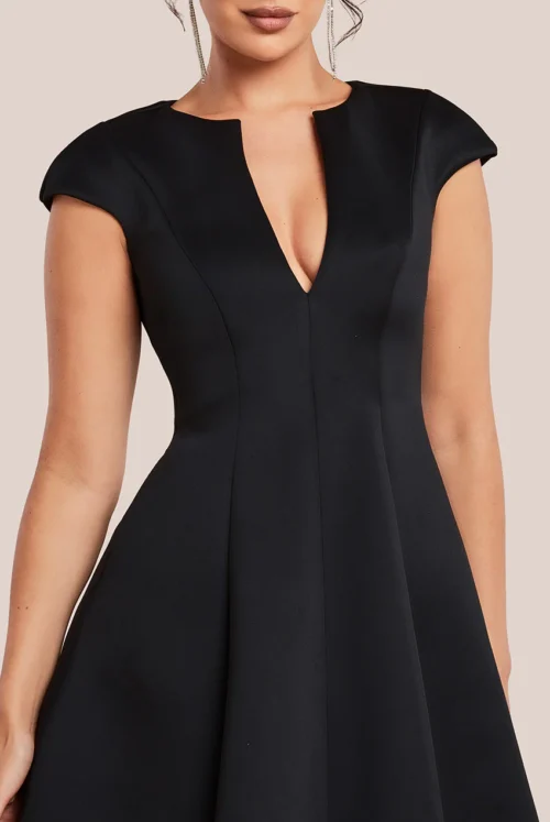 Goddiva Cap Sleeve Plunging V-Neckline A-line Midi Dress - Black www.presleyblue.ie