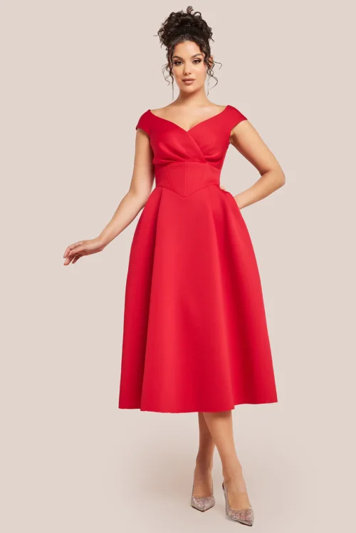 Goddiva Corset Fit & Flare Midi Dress - Red at www.presleyblue.ie