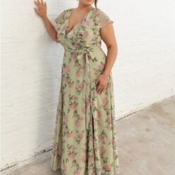 Anaya With Love Recycled Green Floral Print Cape Sleeve Maxi Dress at www.presleyblue.ie