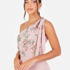 Frosted Pink Floral Embellished Self-Tie One Shoulder Maxi Dress www.presleyblue.ie