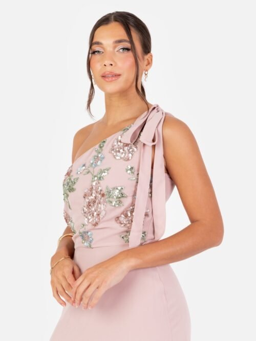 Frosted Pink Floral Embellished Self-Tie One Shoulder Maxi Dress www.presleyblue.ie