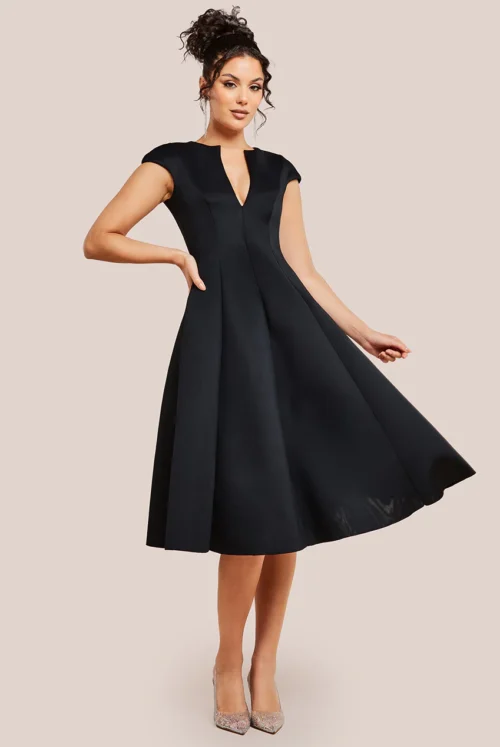 Goddiva Cap Sleeve Plunging V-Neckline A-line Midi Dress - Black www.presleyblue.ie