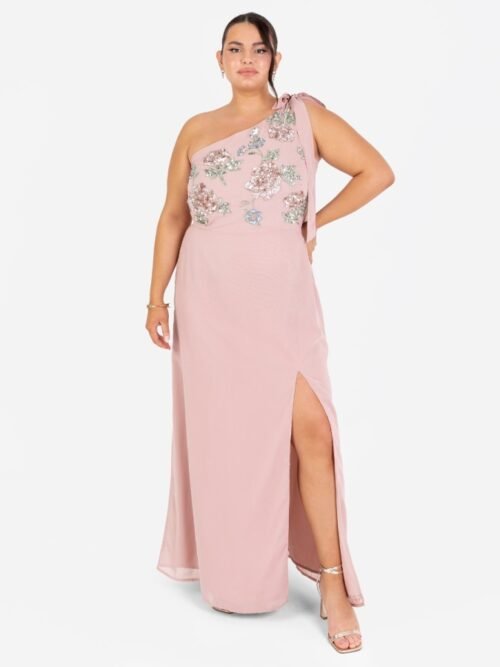 Frosted Pink Floral Embellished Self-Tie One Shoulder Maxi Dress www.presleyblue.ie