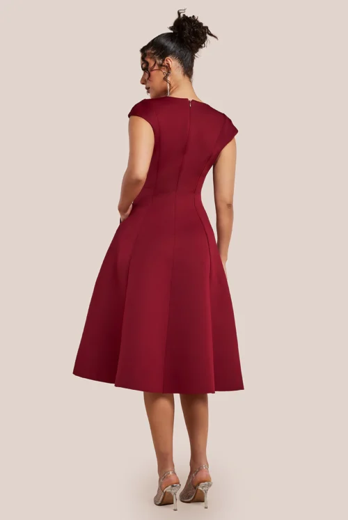 Goddiva Cap Sleeve Plunging V-Neckline A-line Midi Dress - Wine www.presleyblue.ie