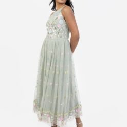 Maya Sage Green Floral Embroidered Halter Neck Midaxi Dress at www.presleyblue.ie