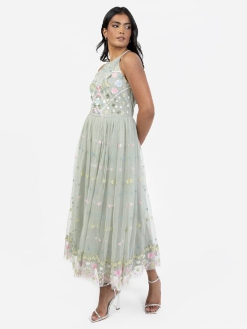 Maya Sage Green Floral Embroidered Halter Neck Midaxi Dress at www.presleyblue.ie