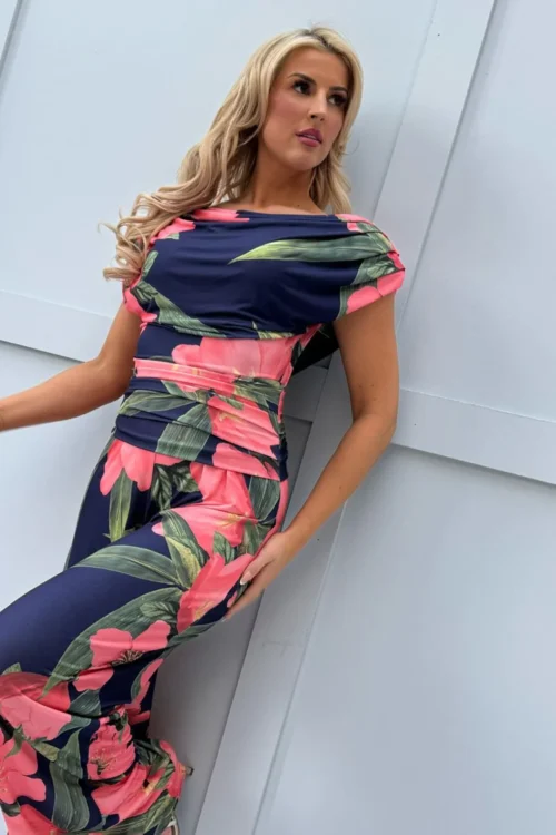 Carbon jumpsuit in navy & coral floral at www.preselyblue.ie